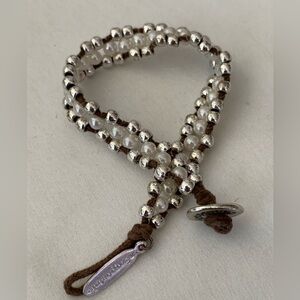 Aeropostale Faux Pearl and Silver Bead Cord Bracelet 6.25”